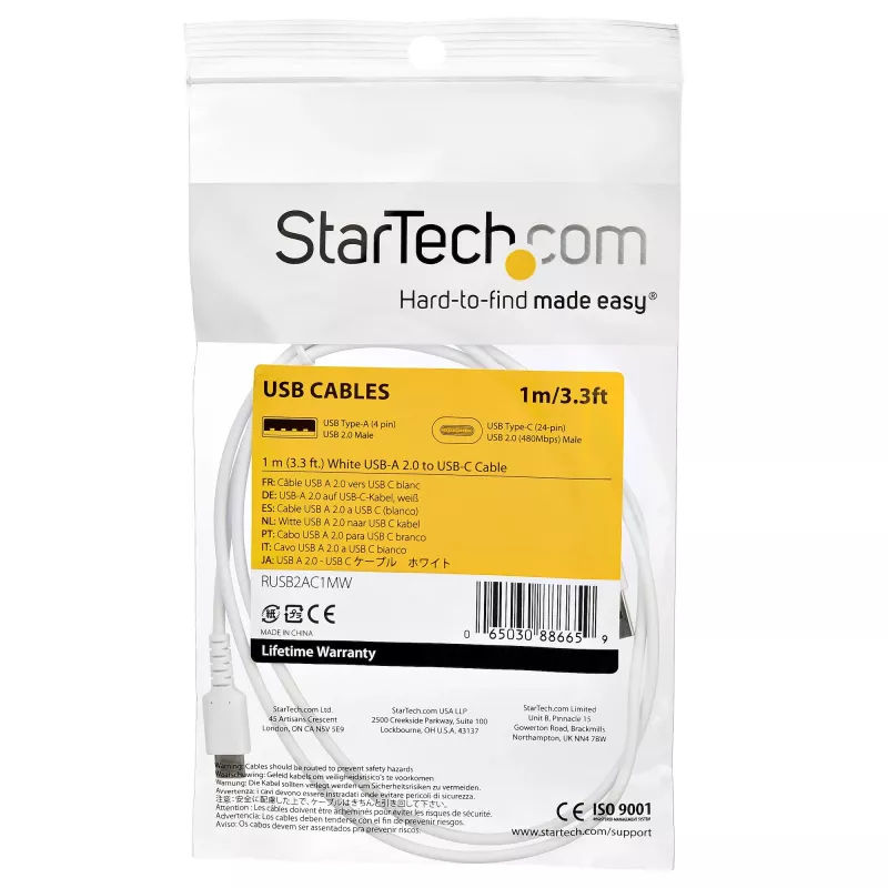 StarTech.com 1m USB-A na USB-C nabíjací kábel – odolný rýchlonabíjací a synchronizačný kábel USB 2.0 na USB Type-C – odolný TPE plášť s aramidovým vláknom M/M 3A biely – Samsung S10, iPad Pro, Pixel