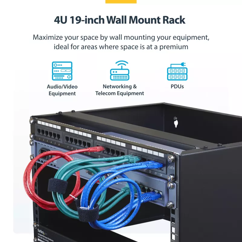 StarTech.com 4U nástenný sieťový rack – 14 inch hĺbka (plochý profil) – 19 inch držiak patch panelu pre ploché serverové a IT zariadenia, sieťové switche – nosnosť 20 kg, čierna
