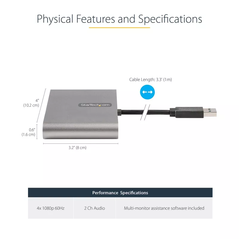 StarTech.com USB 3.0 na Quad HDMI adaptér, USB na 4x HDMI monitor konvertor pre Windows (bez podpory pre macOS/ChromeOS/Linux) - TAA