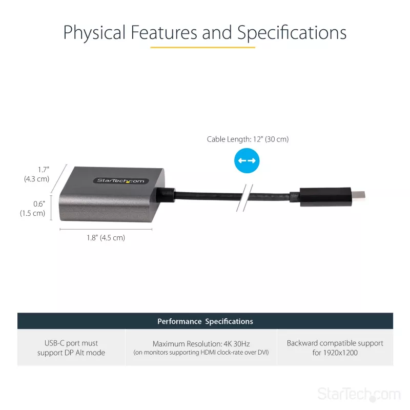 StarTech.com USB-C na DVI adaptér – 1920x1200p USB-C na DVI-D adaptér dongle – USB Type-C na DVI displej/monitor – video konvertor – kompatibilný s Thunderbolt 3 – 12