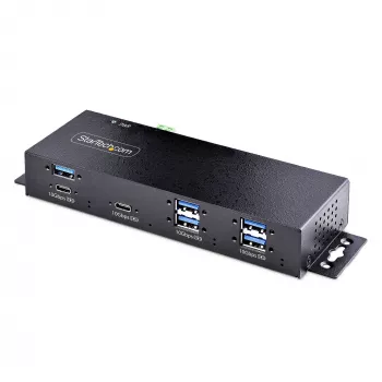 StarTech.com 7-portový priemyselný USB 10Gbps hub s napájacím zdrojom, kovový, montovateľný, 5x USB-A a 2x USB-C downstream porty, ESD ochrana, Powered USB hub, TAA