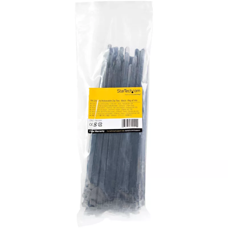 StarTech.com 10 inch (25cm) opakovane použiteľné viazacie pásky - 1/4 inch (7mm) široké, 2-1/2 inch (65mm) priemer zväzku, 50lb (22kg) pevnosť v ťahu, rozopínateľné nylonové viazacie pásky, interiér/exteriér, 94V-2/UL certifikované, 100 ks balenie - čierne