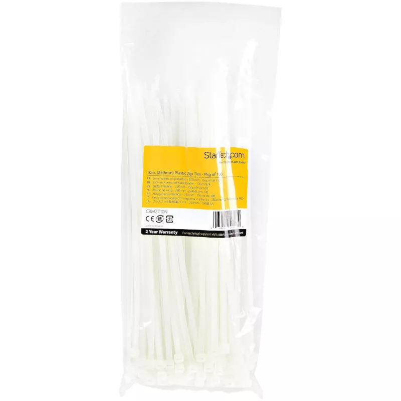 StarTech.com 10 inch (25 cm) viazacie pásky – 1/8 inch (4 mm) široké, 2-5/8 inch (68 mm) priemer zväzku, 50 lb (22 kg) pevnosť v ťahu, samosvorné nylonové viazacie pásky so zahnutým hrotom – 94V-2/UL certifikované, 100 ks balenie – biele