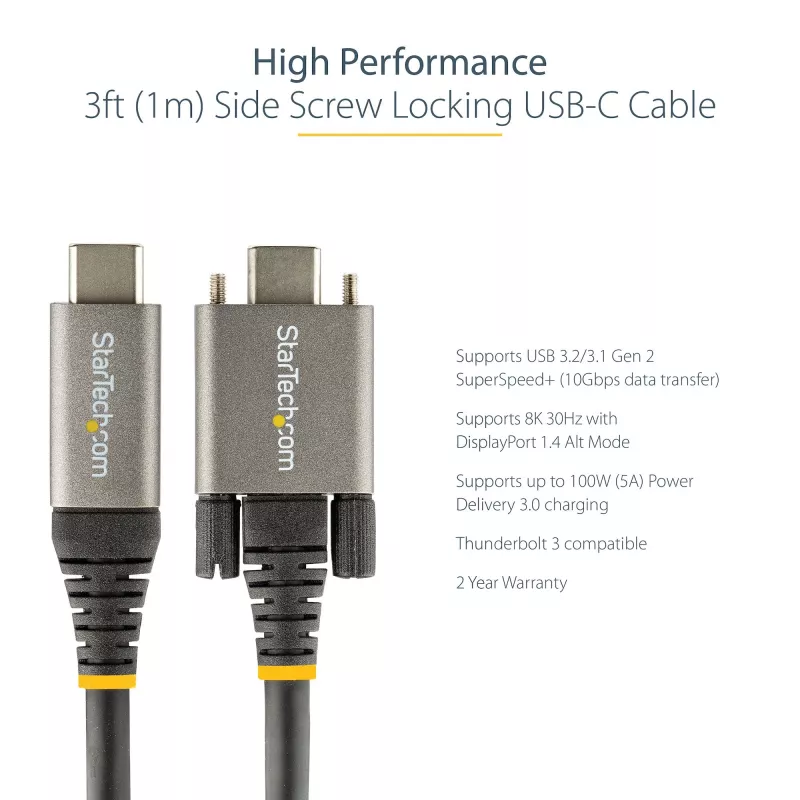 StarTech.com 50cm (20″) bočne skrutkovateľný USB-C kábel 10Gbps – USB 3.1/3.2 Gen 2 Type-C kábel – 100W (5A) Power Delivery nabíjanie, DP Alt Mode – Dvojité skrutkové zaistenie – USB-C kábel nabíjanie/synchronizácia