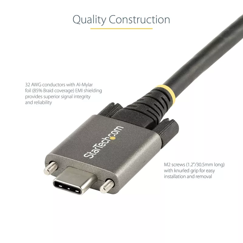 StarTech.com 50cm (20″) bočne skrutkovateľný USB-C kábel 10Gbps – USB 3.1/3.2 Gen 2 Type-C kábel – 100W (5A) Power Delivery nabíjanie, DP Alt Mode – Dvojité skrutkové zaistenie – USB-C kábel nabíjanie/synchronizácia
