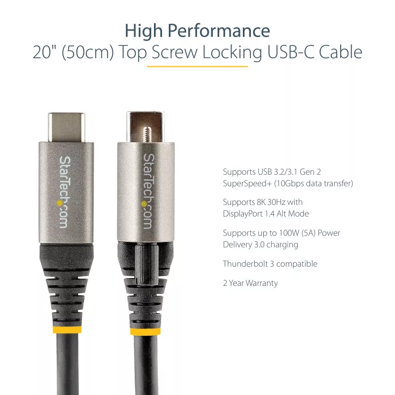 StarTech.com 50 cm horný skrutkovo zaistený USB-C kábel 10 Gb/s – USB 3.1/3.2 Gen 2 Type-C kábel – 100 W (5 A) Power Delivery nabíjanie, DP Alt Mode – jednoduché skrutkové zaistenie, USB-C kábel nabíjanie/synchronizácia