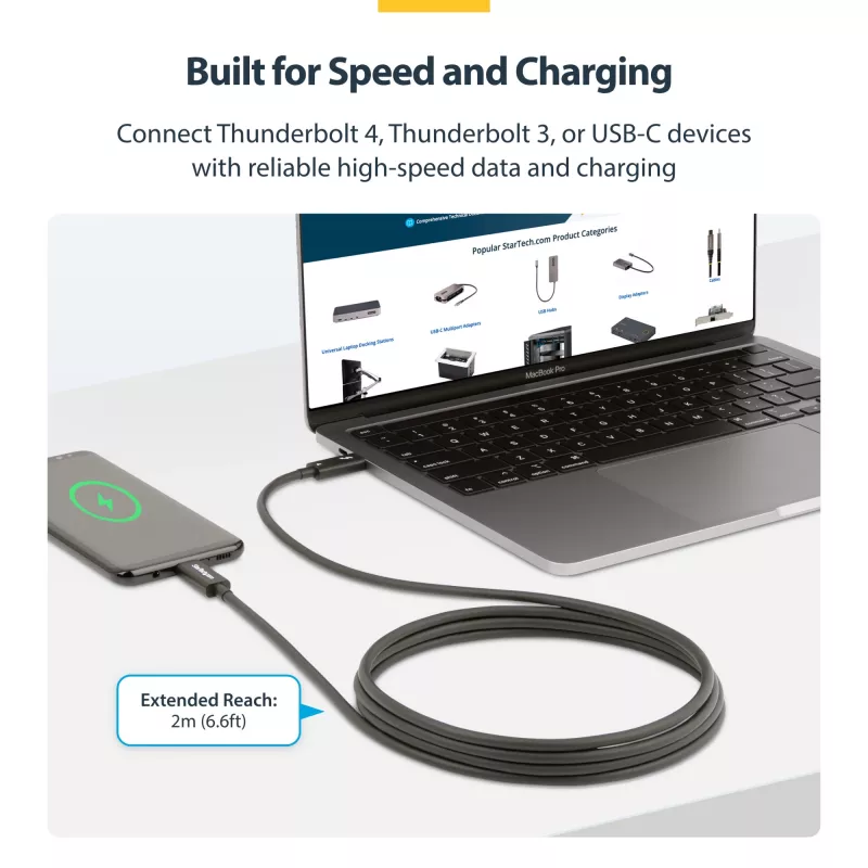 StarTech.com 2m aktívny Thunderbolt 4 kábel, 40 Gbit/s, 100W Power Delivery, 4K/8K video, Intel-certifikovaný Thunderbolt kábel – Kompatibilný s USB4/Thunderbolt 4/USB 3.2/USB Type-C/DisplayPort/Thunderbolt 3