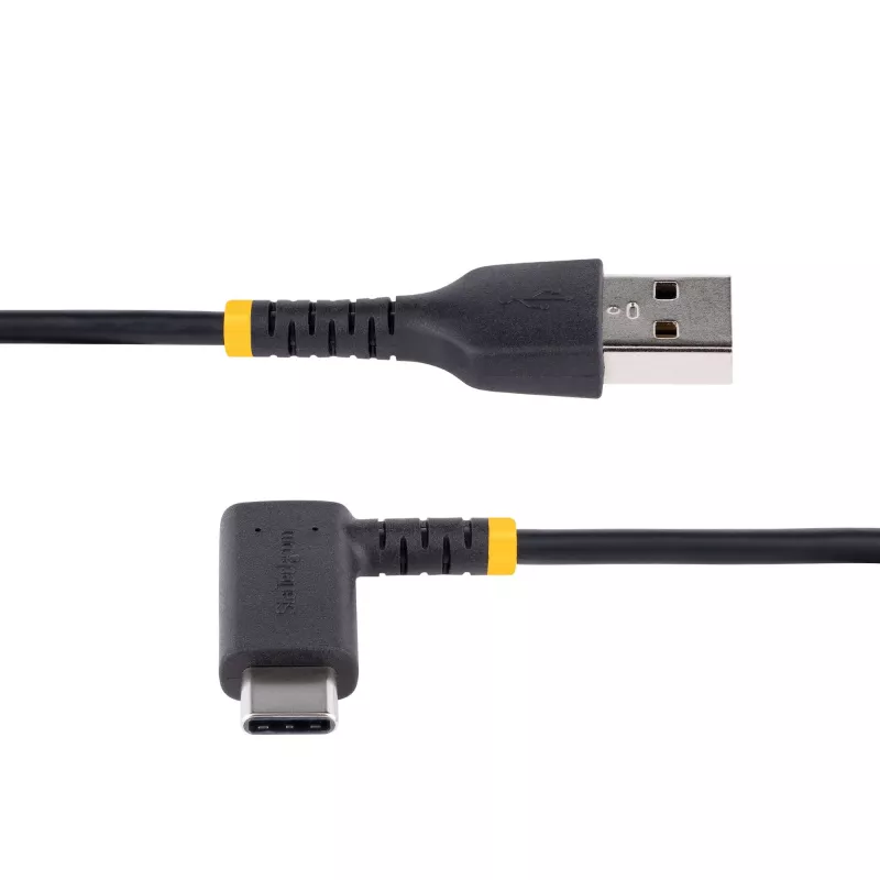 StarTech.com 15 cm USB-A na USB-C nabíjací kábel, zahnutý – odolný rýchlonabíjací USB-C kábel – čierny, USB 2.0 A na Type-C – odolný aramidový vlákno – 3A – krátky USB nabíjací kábel