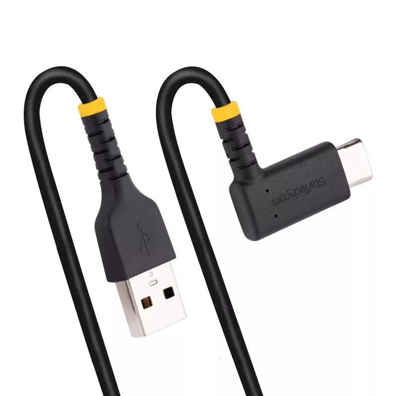 StarTech.com 15 cm USB-A na USB-C nabíjací kábel, zahnutý – odolný rýchlonabíjací USB-C kábel – čierny, USB 2.0 A na Type-C – odolný aramidový vlákno – 3A – krátky USB nabíjací kábel