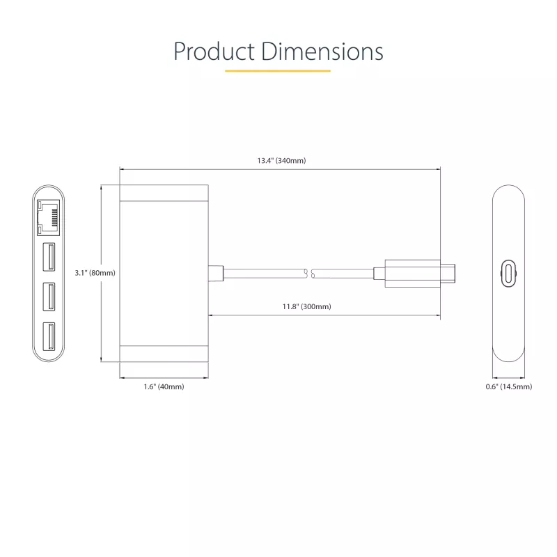 StarTech.com 3-portový USB-C hub s Ethernetom - 3x USB-A - Gigabit Ethernet - USB 3.0 5Gbps - napájaný zbernice - 1ft/30cm dlhý USB Type-C hostiteľský kábel - GbE - prenosný USB-C na USB-A hub