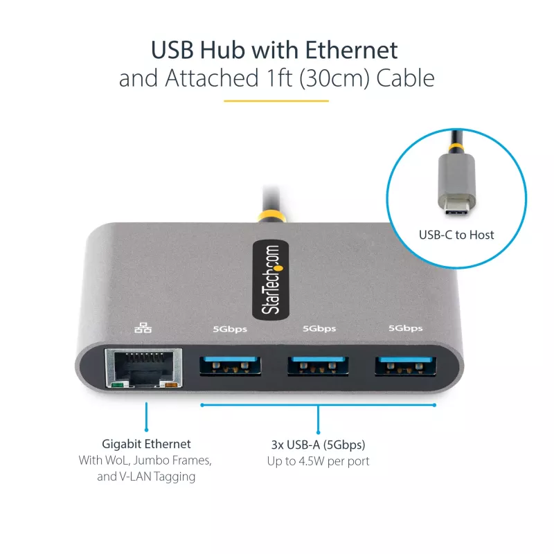 StarTech.com 3-portový USB-C hub s Ethernetom - 3x USB-A - Gigabit Ethernet - USB 3.0 5Gbps - napájaný zbernice - 1ft/30cm dlhý USB Type-C hostiteľský kábel - GbE - prenosný USB-C na USB-A hub