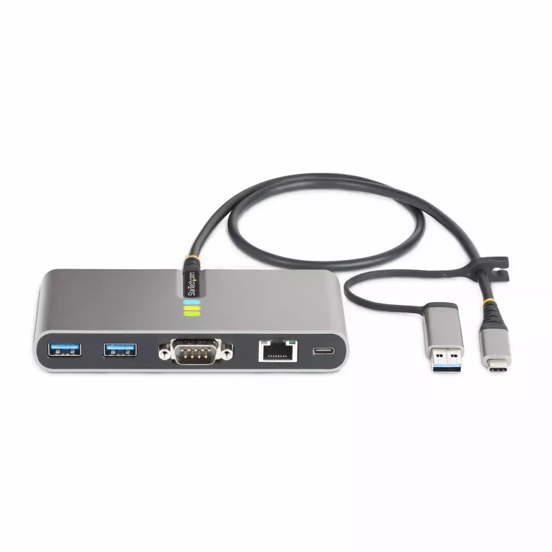 StarTech.com 2-portový USB-C hub s Ethernetom a RS-232, pripojený USB-C na USB-A dongle, 100 W PD priechod, 2x USB-A 5 Gbit/s, Gigabit Ethernet, RS232 sériový (FTDI)
