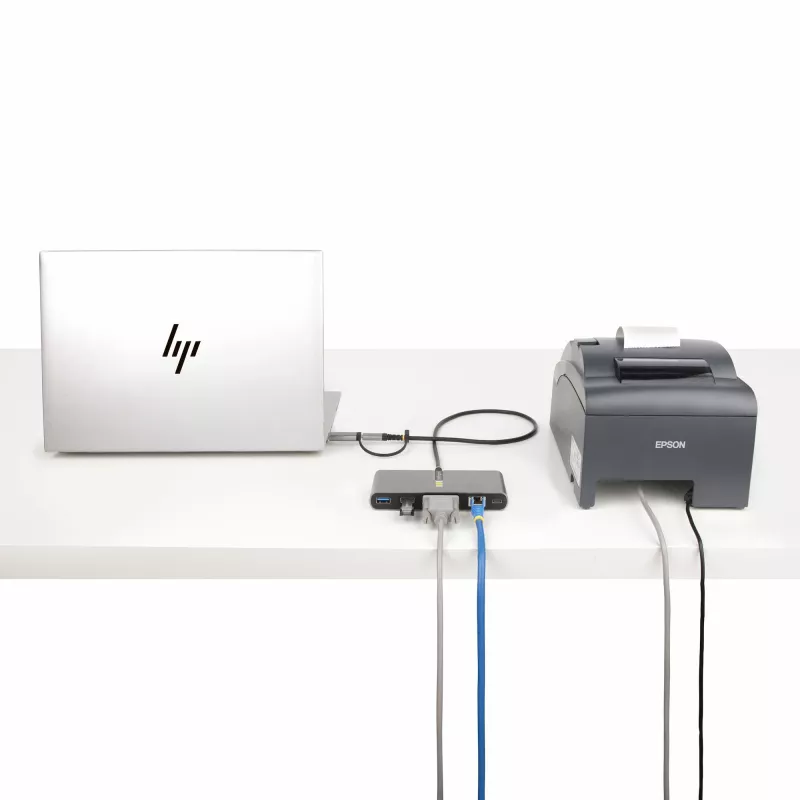 StarTech.com 2-portový USB-C hub s Ethernetom a RS-232, pripojený USB-C na USB-A dongle, 100 W PD priechod, 2x USB-A 5 Gbit/s, Gigabit Ethernet, RS232 sériový (FTDI)