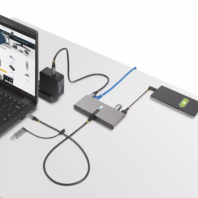 StarTech.com 2-portový USB-C hub s Ethernetom a RS-232, pripojený USB-C na USB-A dongle, 100 W PD priechod, 2x USB-A 5 Gbit/s, Gigabit Ethernet, RS232 sériový (FTDI)