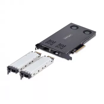 StarTech.com dual-bay M.2 NVMe SSD na PCIe x8 rám; vyžaduje sa bifurcation; inštalácia bez nástrojov, PCIe backplane s dvoma hot-swap pozíciami pre disky