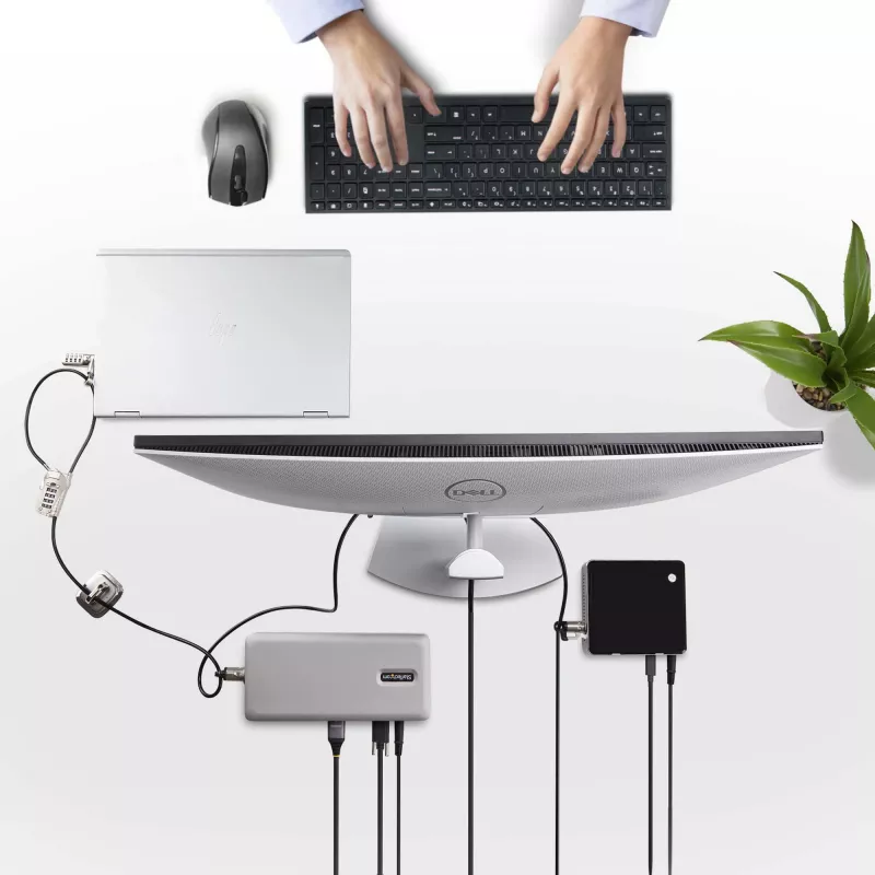 StarTech.com sada zámku na notebook/desktop a periférie, bezpečnostný zámok proti krádeži, K-slot, 9,8 stôp (3 m) oceľové lanko, 3 zariadenia, používateľsky nastaviteľný 4-miestny kód – TAA