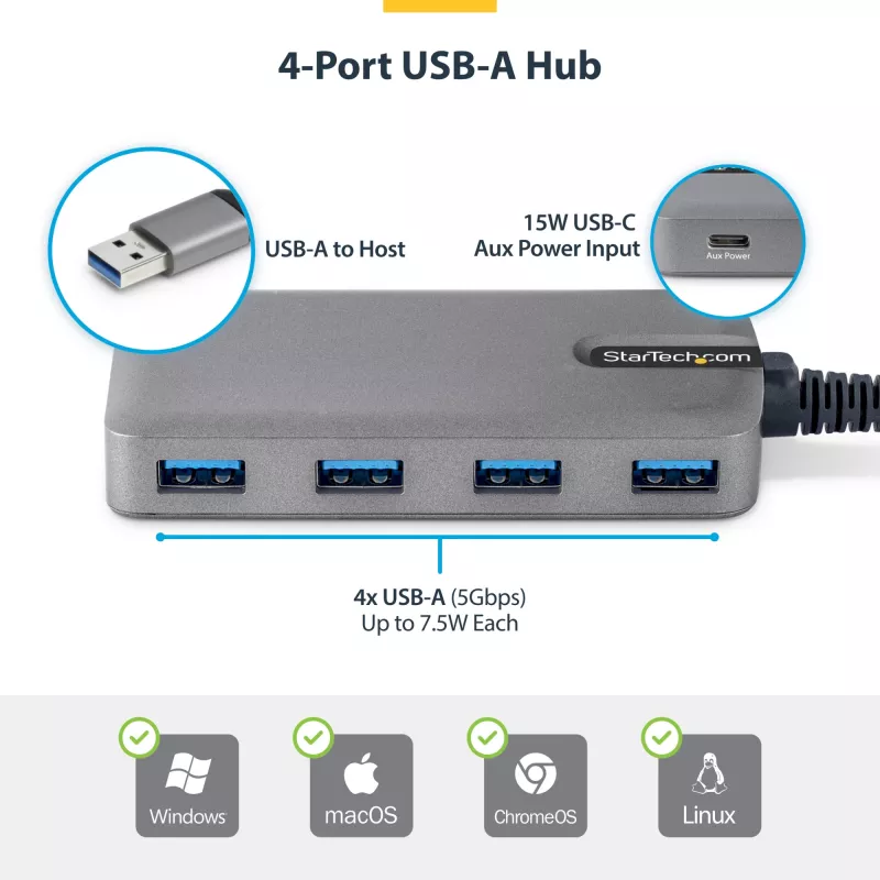 StarTech.com 4-portový USB-A hub, 5 Gbit/s, bus-powered, USB-A na 4x USB-A hub s USB-C pomocným napájacím vstupom, 30 cm hostiteľský kábel, prenosný desktop/notebook USB hub