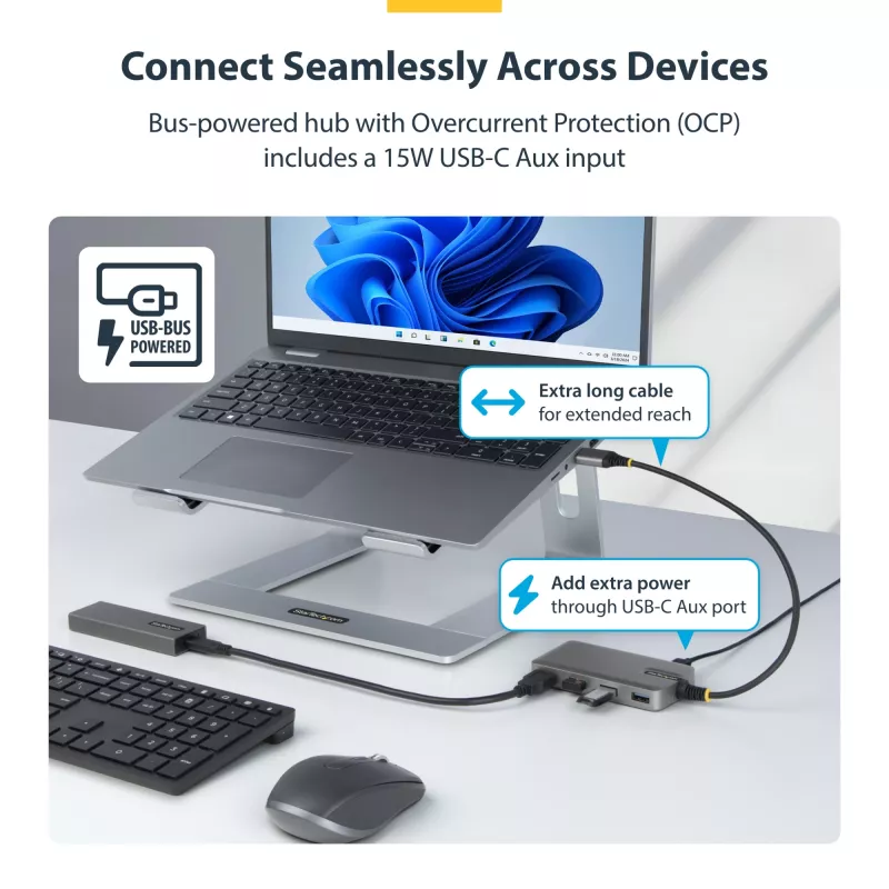 StarTech.com 4-portový USB-A hub, 5 Gbit/s, bus-powered, USB-A na 4x USB-A hub s USB-C pomocným napájacím vstupom, 30 cm hostiteľský kábel, prenosný desktop/notebook USB hub
