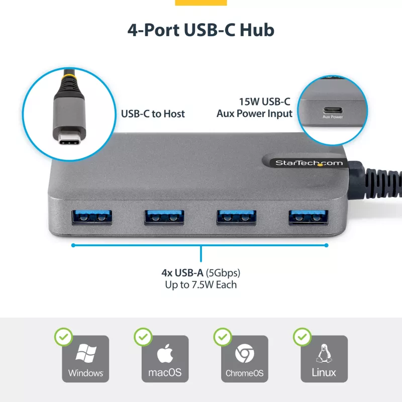 StarTech.com 4-portový USB-C hub, 5 Gbit/s, bus-powered, USB-C na 4x USB-A hub s USB-C pomocným napájacím vstupom, 1ft/30cm hostiteľský kábel, prenosný desktop/notebook USB hub
