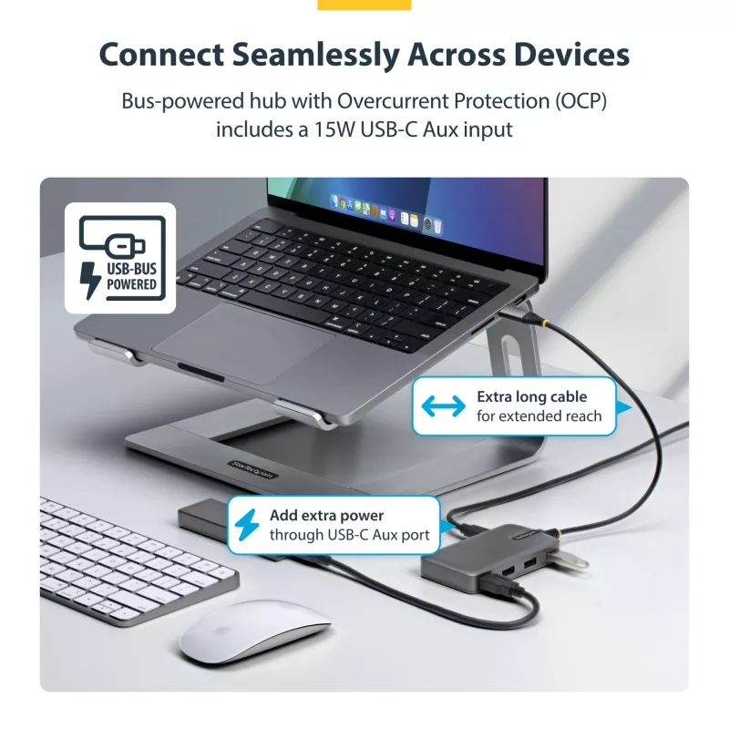 StarTech.com 4-portový USB-C hub, 5 Gbit/s, bus-powered, USB-C na 4x USB-A hub s USB-C pomocným napájacím vstupom, 1ft/30cm hostiteľský kábel, prenosný desktop/notebook USB hub