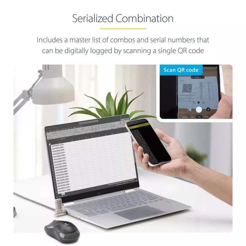 StarTech.com 25-pack univerzálny zámok na notebook 2 m, serializované bezpečnostné lanko pre notebook, kompatibilné s Noble Wedge®/Nano/K-slot, kábel s bezklúčovým číselným zámkom – TAA