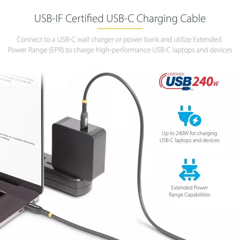 StarTech.com 4m USB-C nabíjací kábel, USB-IF certifikovaný USB-C kábel, 240W PD EPR, USB 2.0 Type-C nabíjací kábel na notebook, USB-C dátový kábel, TPE plášť, M/M