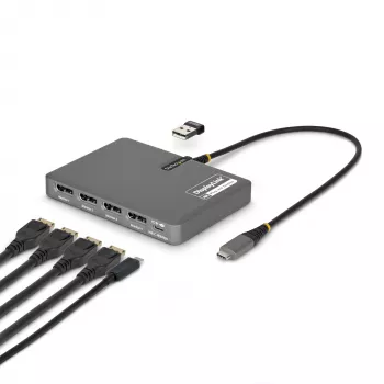 StarTech.com USB-C na Quad-Monitor Workstation adaptér, 4K 60Hz DisplayPort, 140W PD Passthrough pre nabíjanie laptopu, USB port pre bezdrôtovú klávesnicu / myš, TAA