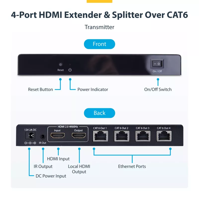 StarTech.com 4-portový HDMI extender a splitter cez CAT6, 4K 60Hz, až do 70 m (230 ft), 1x4 HDMI over Ethernet distribučná sada s IR a Power over kábel