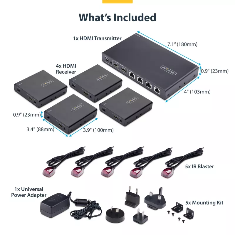 StarTech.com 4-portový HDMI extender a splitter cez CAT6, 4K 60Hz, až do 70 m (230 ft), 1x4 HDMI over Ethernet distribučná sada s IR a Power over kábel