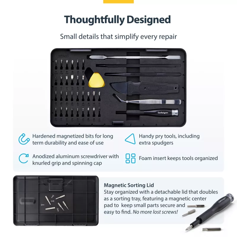 StarTech.com 40-dielna sada náradia na opravu počítačov pre notebook/PC/elektroniku/telefón, sada 30-bitových presných skrutkovačov, odnímateľný kryt s magnetickou podložkou, páčidlá