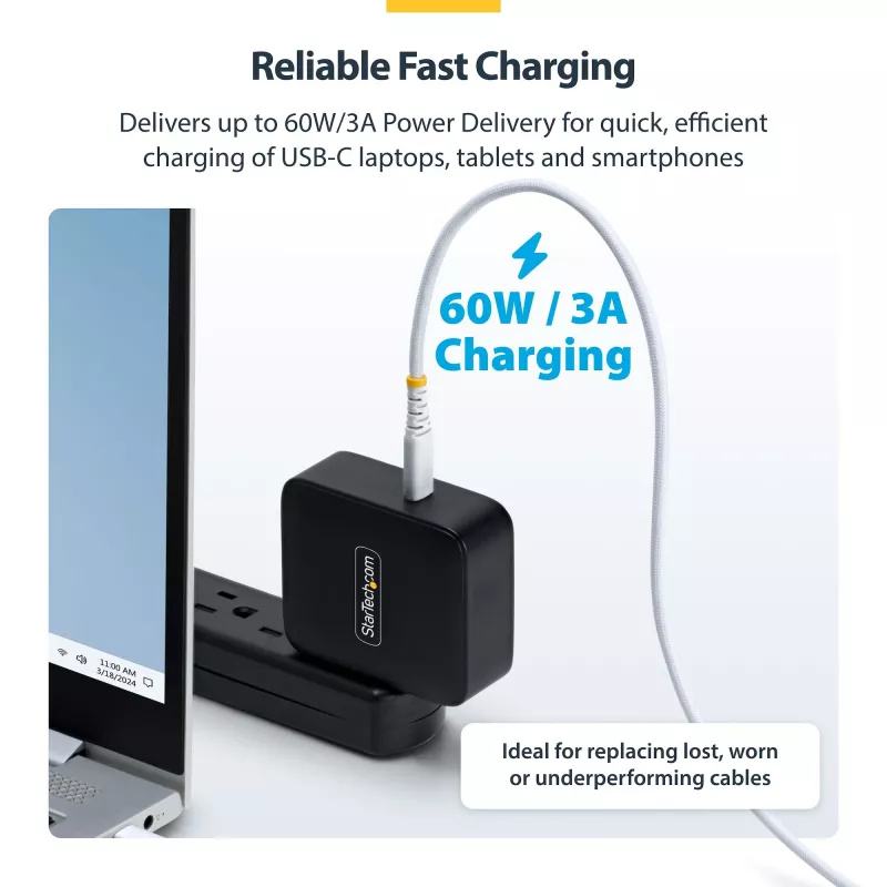 StarTech.com 30 cm (1 ft) biely USB-C nabíjací kábel, 60W (3A) PD, dvojvrstvový opletený nylon/TPE plášť, odolný USB-C nabíjací kábel, USB 2.0 kábel na nabíjanie notebooku