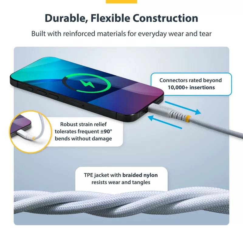 StarTech.com 30 cm (1 ft) biely USB-C nabíjací kábel, 60W (3A) PD, dvojvrstvový opletený nylon/TPE plášť, odolný USB-C nabíjací kábel, USB 2.0 kábel na nabíjanie notebooku