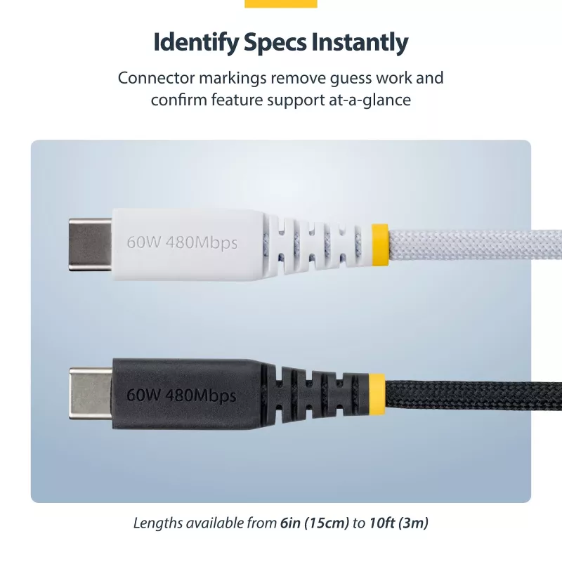 StarTech.com 30 cm (1 ft) biely USB-C nabíjací kábel, 60W (3A) PD, dvojvrstvový opletený nylon/TPE plášť, odolný USB-C nabíjací kábel, USB 2.0 kábel na nabíjanie notebooku