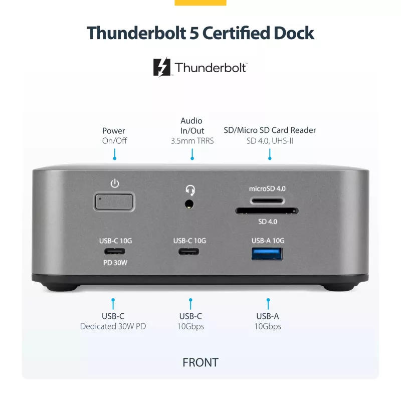 StarTech.com Thunderbolt 5 dokovacia stanica, DP/HDMI, trojmonitorový dock do 4K 144 Hz alebo dvojitý 8K 60 Hz, 5x USB porty, 140 W nabíjanie notebooku