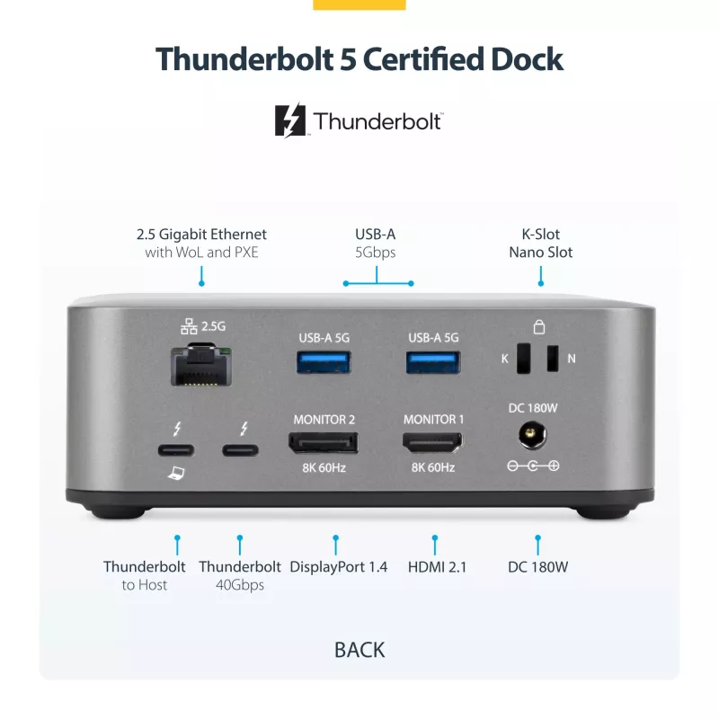 StarTech.com Thunderbolt 5 dokovacia stanica, DP/HDMI, trojmonitorový dock do 4K 144 Hz alebo dvojitý 8K 60 Hz, 5x USB porty, 140 W nabíjanie notebooku