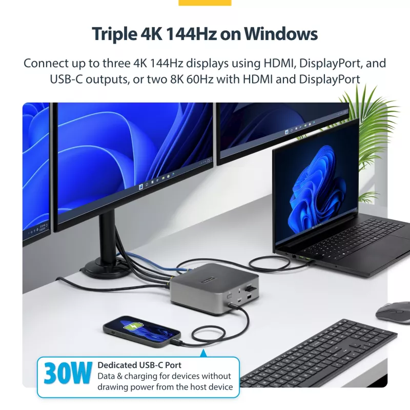 StarTech.com Thunderbolt 5 dokovacia stanica, DP/HDMI, trojmonitorový dock do 4K 144 Hz alebo dvojitý 8K 60 Hz, 5x USB porty, 140 W nabíjanie notebooku