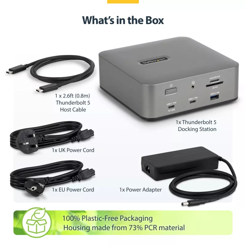 StarTech.com Thunderbolt 5 dokovacia stanica, DP/HDMI, trojmonitorový dock do 4K 144 Hz alebo dvojitý 8K 60 Hz, 5x USB porty, 140 W nabíjanie notebooku