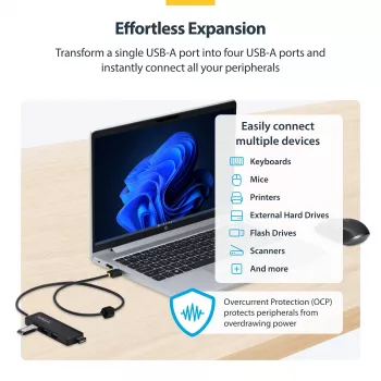 StarTech.com 4-portový USB-A hub, 5 Gbit/s, napájaný zbernicou, USB-A na 4x USB-A mini hub, extra dlhý 61 cm hostiteľský kábel, PCR plast, prenosný stolný/notebookový USB hub