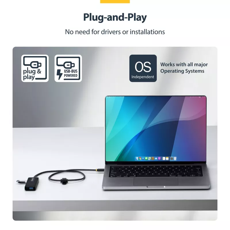StarTech.com 4-portový USB-C hub, 5 Gbit/s, napájaný zbernicou, USB-C na 4x USB-A mini hub, extra dlhý 61 cm hostiteľský kábel, PCR plast, prenosný stolný/notebookový USB hub