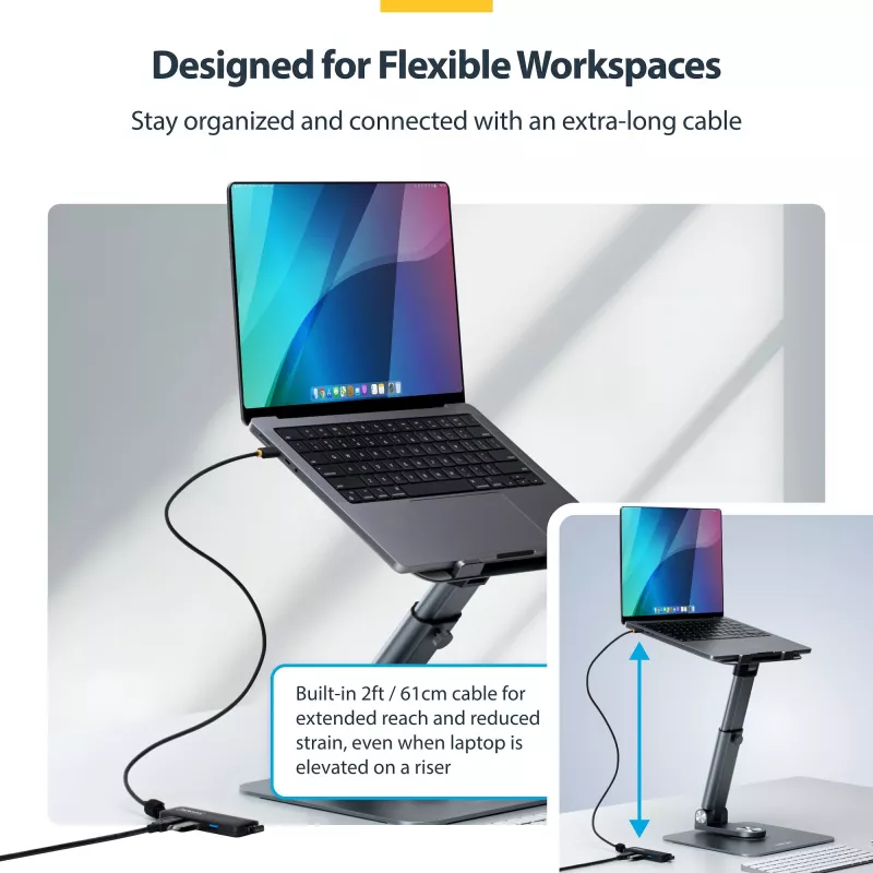 StarTech.com 4-portový USB-C hub, 5 Gbit/s, napájaný zbernicou, USB-C na 4x USB-A mini hub, extra dlhý 61 cm hostiteľský kábel, PCR plast, prenosný stolný/notebookový USB hub