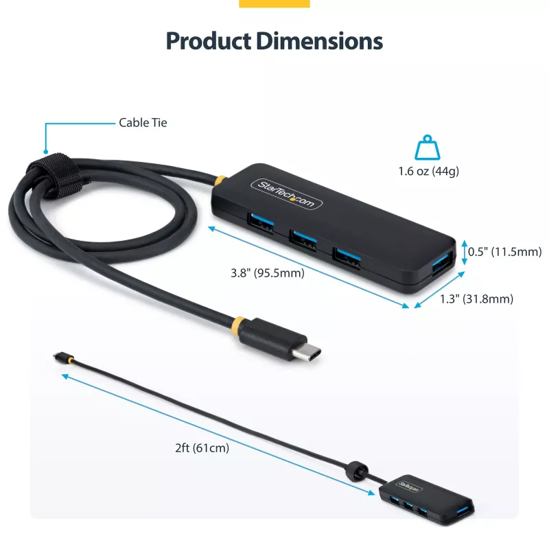 StarTech.com 4-portový USB-C hub, 5 Gbit/s, napájaný zbernicou, USB-C na 4x USB-A mini hub, extra dlhý 61 cm hostiteľský kábel, PCR plast, prenosný stolný/notebookový USB hub