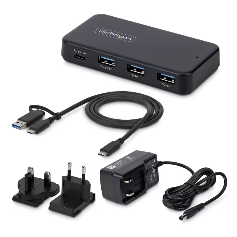 StarTech.com 4-portový USB-C a USB-A hub, 5 Gbps, s vlastným napájaním, 2-in-1 USB-C a USB-A hostiteľský kábel, 1x USB-C a 3x USB-A (1x BC 1.2), 36W napájací zdroj v balení