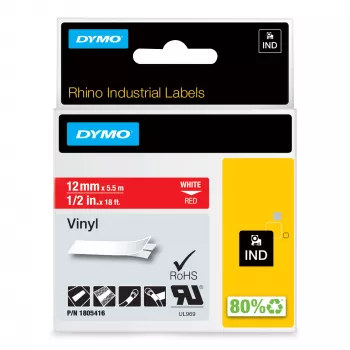 DYMO Rhino priemyselné vinylové etikety | 12 mm x 5,5 m | biela tlač na červenom | samolepiaca | pre LabelManager & Rhino tlačiarne etikiet