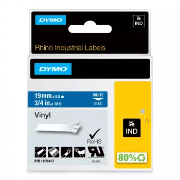 DYMO Rhino priemyselné vinylové etikety | 19 mm x 5,5 m | biela tlač na modrom | samolepiaca | pre LabelManager & Rhino tlačiarne etikiet
