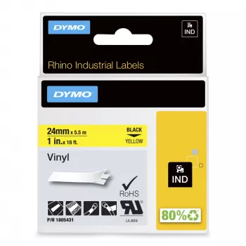 DYMO Rhino priemyselné vinylové etikety | 24 mm x 5,5 m | čierna tlač na žltom | samolepiaca | pre LabelManager & Rhino popisovače