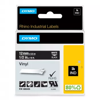 DYMO Rhino priemyselné vinylové etikety | 12 mm x 5,5 m | biela tlač na čiernom | samolepiaca | pre LabelManager & Rhino tlačiarne etikiet