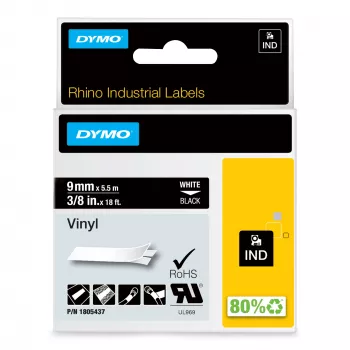 DYMO Rhino priemyselné vinylové etikety | 9 mm x 5,5 m | biela tlač na čiernom | samolepiaca | pre LabelManager & Rhino tlačiarne etikiet