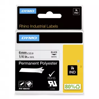 DYMO Rhino priemyselné trvalé polyesterové etikety | 6 mm x 5,5 m | čierna tlač na bielom | samolepiaca | pre Rhino & LabelManager tlačiarne etikiet