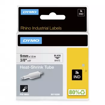 DYMO Rhino priemyselné zmršťovacie rúrky na etikety káblov | 9 mm x 1,5 m | čierna tlač na bielej | pre Rhino tlačiareň etikiet