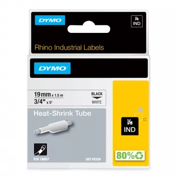 DYMO Rhino priemyselné zmršťovacie rúrky na etikety káblov | 19 mm x 1,5 m | čierna tlač na bielej | samolepiace | pre Rhino tlačiareň etikiet